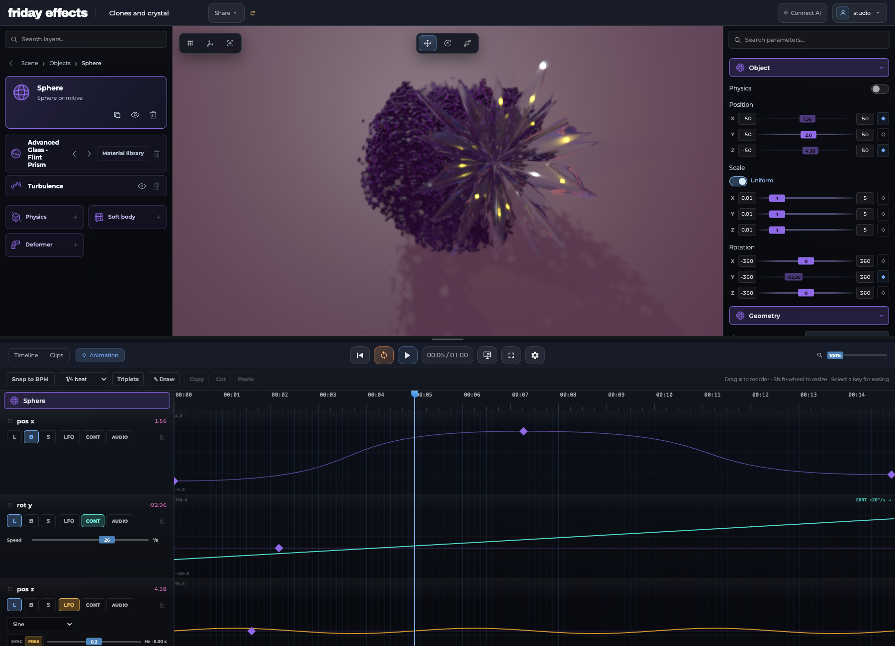 Clones and crystal in the current Animation workspace, with a Bézier position curve, continuous rotation and a sine LFO