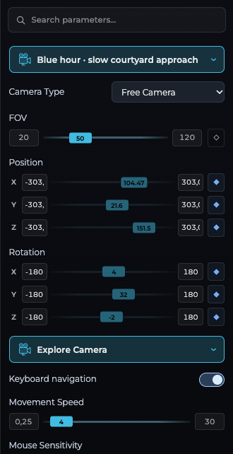 Actual camera inspector with field of view and transform controls
