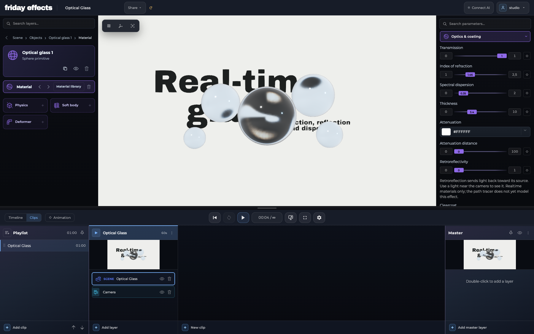 Optical glass spheres refracting typography in the current editor, with native transmission, refraction and dispersion controls