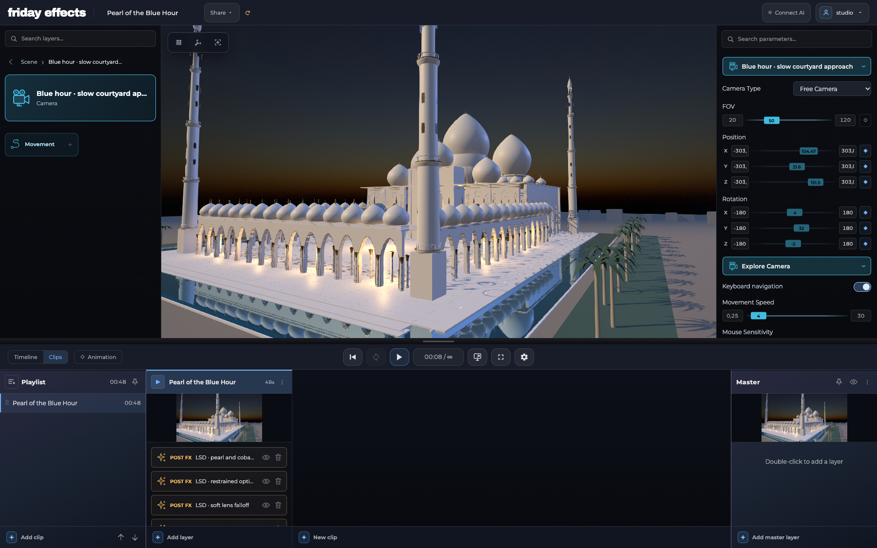 Pearl of the Blue Hour: detailed mosque architecture, illuminated arches and reflections, with current camera controls