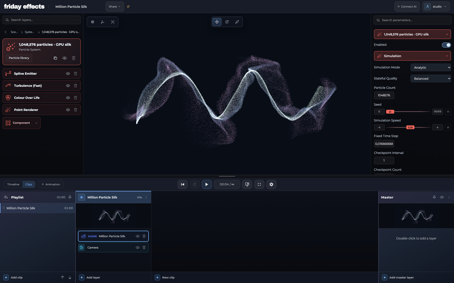 Million-particle silk rendered in the actual editor with GPU particle controls