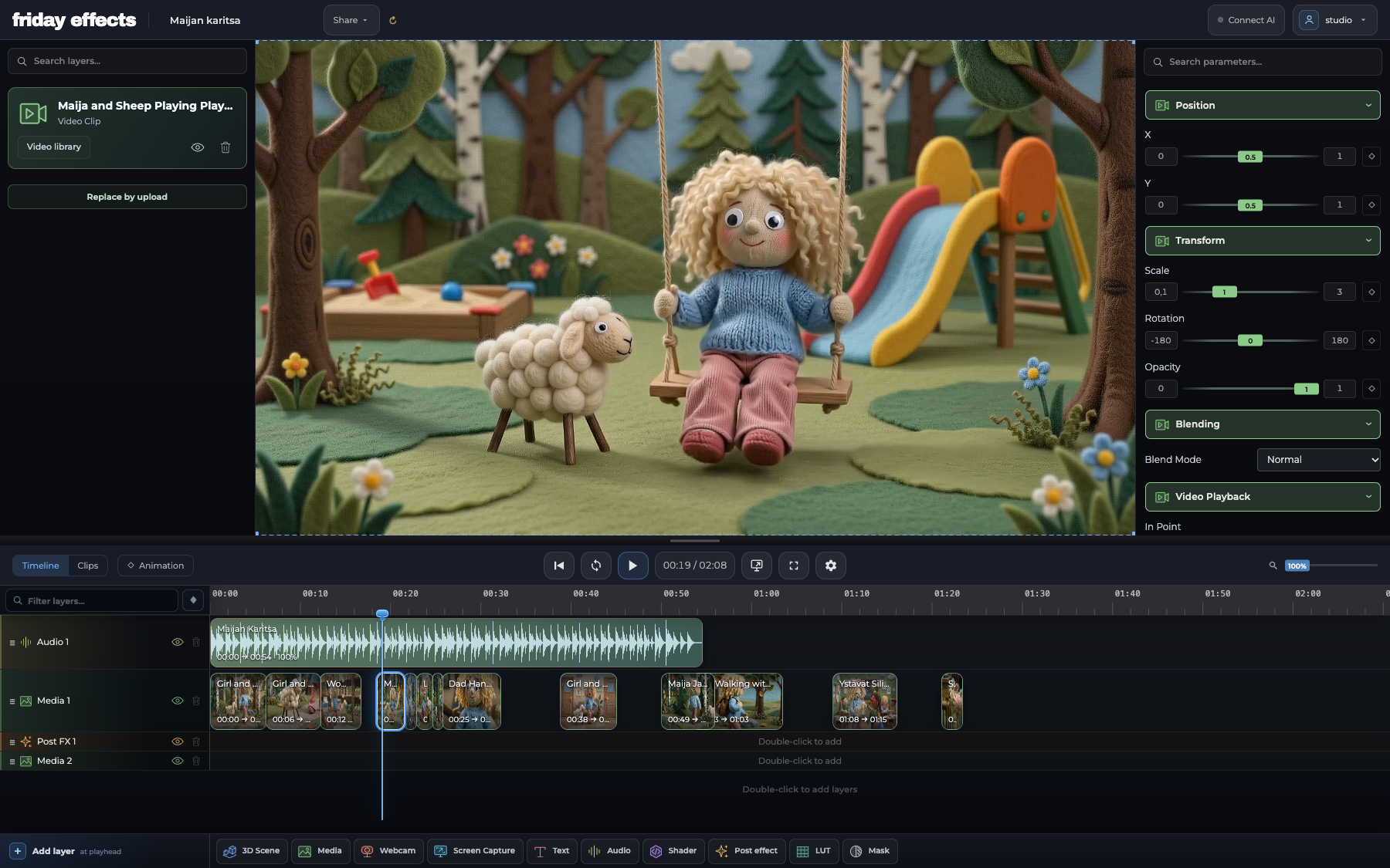 Maijan karitsa in the actual video editor with footage, 13 video clips, audio and clip controls