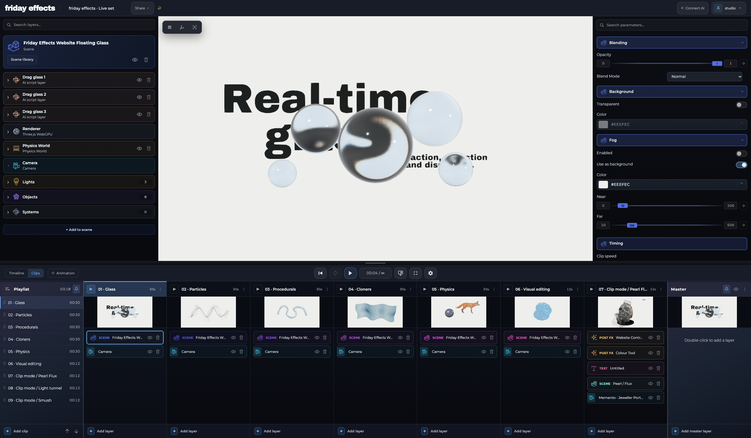 Current friday effects Clip mode with seven visible clip columns, rendered previews, a nine-clip playlist and Master
